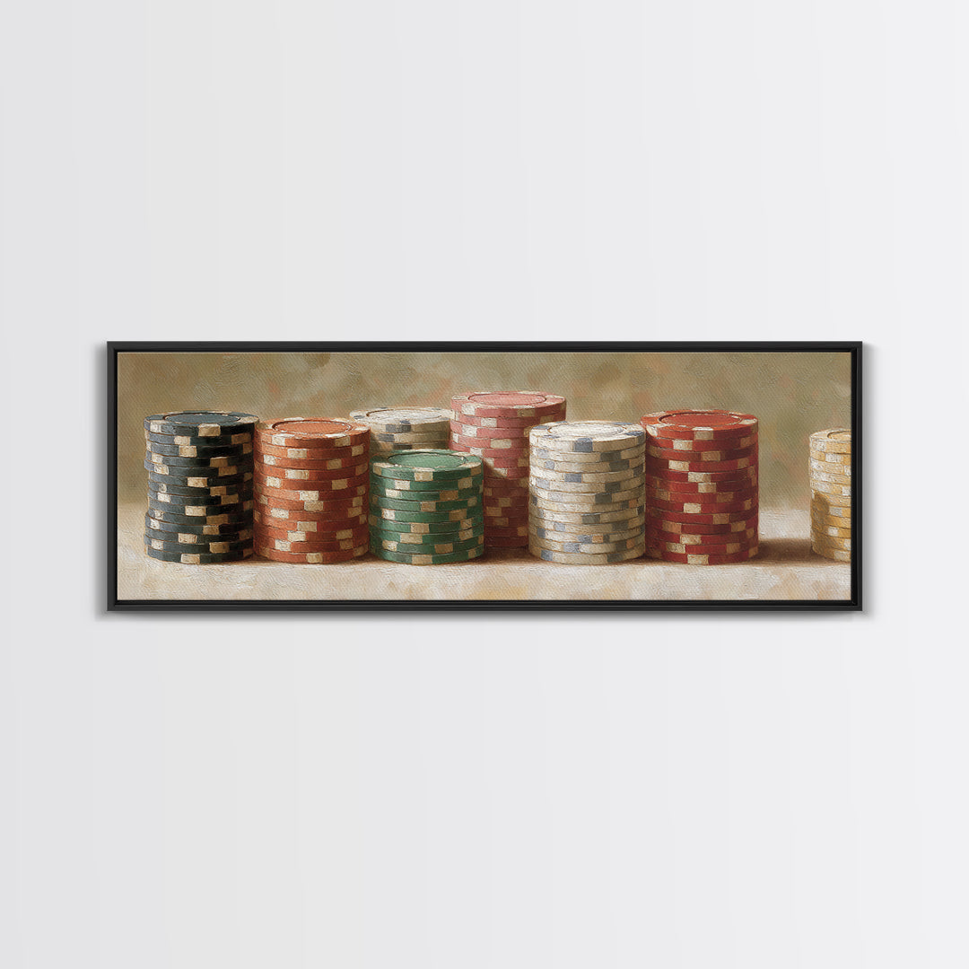 Poker Chips Stacked Like Casino Still Life Canvas Print, Game Room Art, Textured Painting, Game Room Decor, Oil Painting, Play, GRA-3x1-95