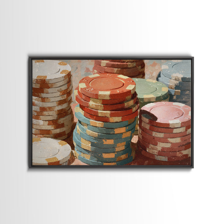 Poker Chips Stacked Like Casino Still Life Canvas Print, Game Room Art, Pop Art, Game Room Decor, Play, Fine Art Print, GRA-3x2-11