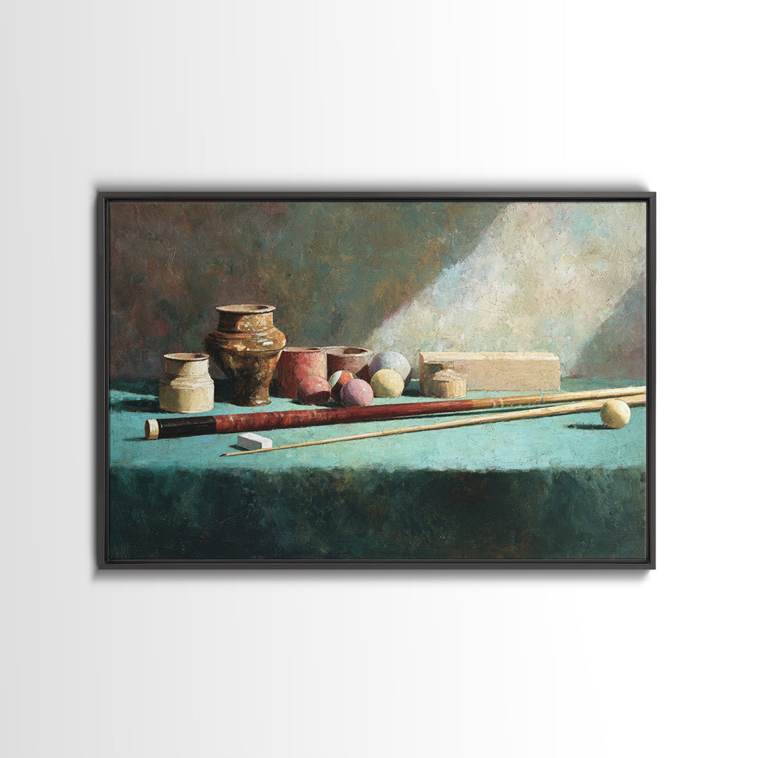 Pool Cue and Chalk on Green Felt Framed Canvas Print, Game Room Art, Canvas Art, Game Room Decor, Play, Living Room Art, GRA-3x2-14