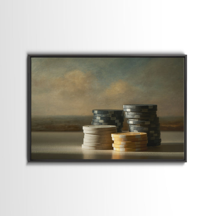 Poker Chips Stacked Like Casino Still Life Framed Canvas Print, Game Room Art, Original Artwork, Game Room Decor, Play, GRA-3x2-35