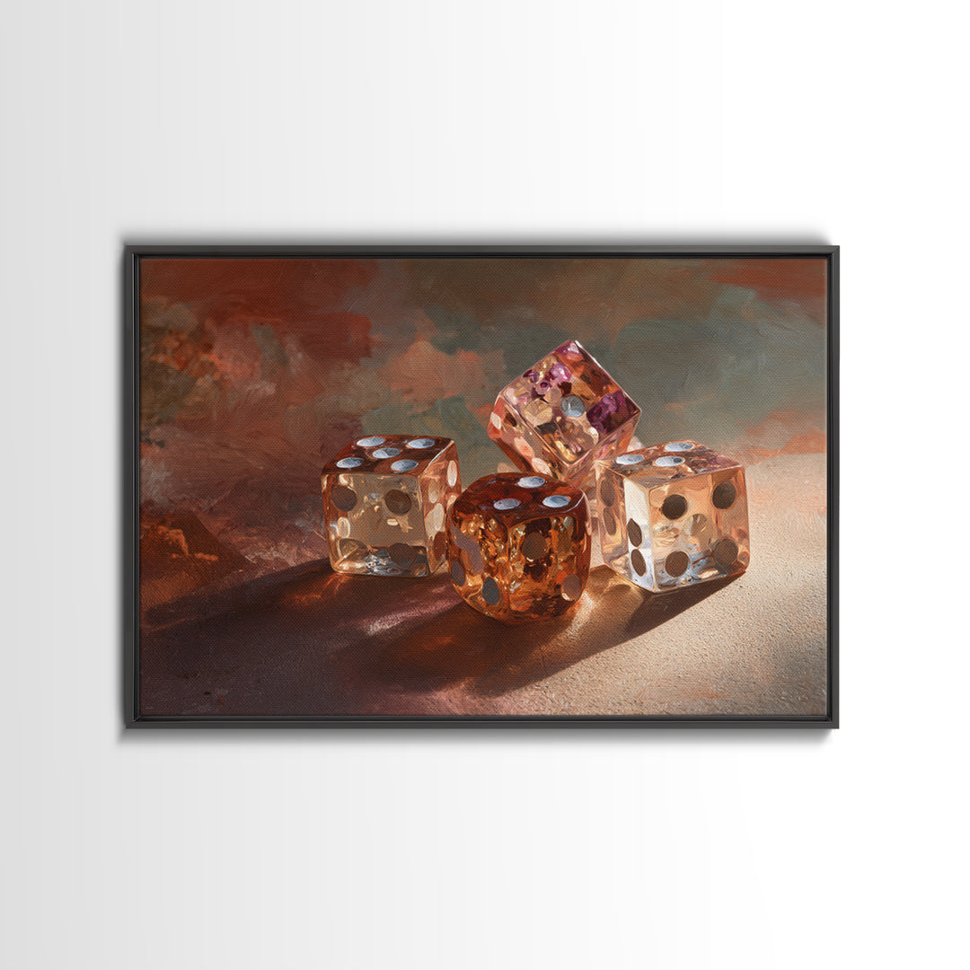 Tabletop Dice Rolling Through Dramatic Light Framed Canvas Print, Game Room Art, Unique Home Decor, Game Room Decor, Play, GRA-3x2-45