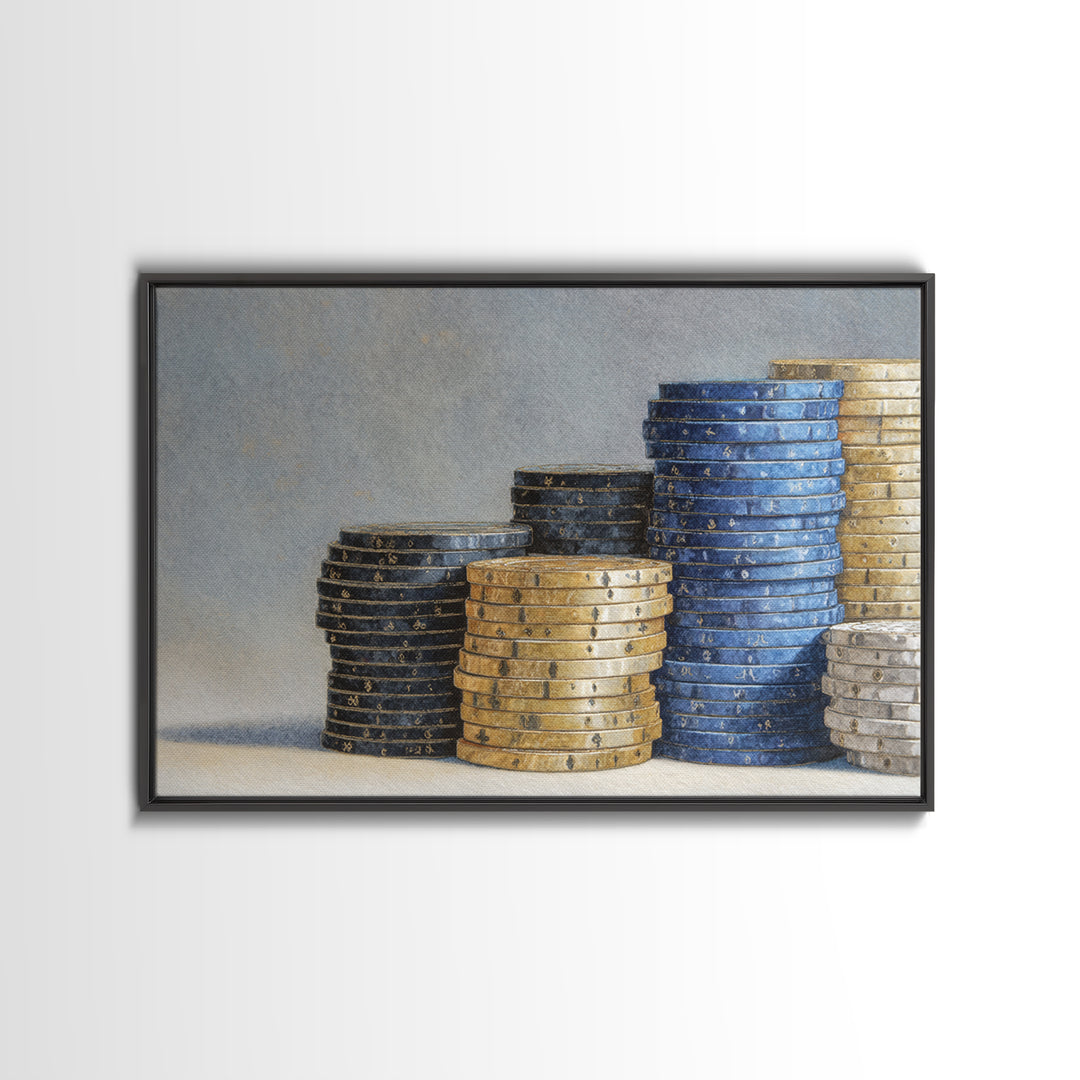 Poker Chips Stacked Like Casino Still Life Framed Canvas Print, Game Room Art, Art Print, Game Room Decor, Oil Painting, Play, GRA-3x2-59