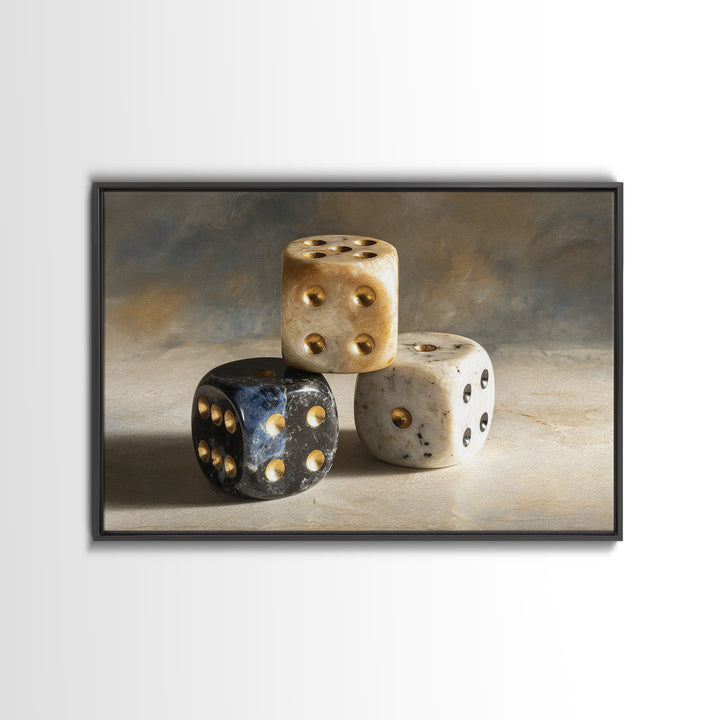 Tabletop Dice Rolling Through Dramatic Light Framed Canvas Print, Game Room Art, Unique Home Decor, Game Room Decor, Play, GRA-3x2-69
