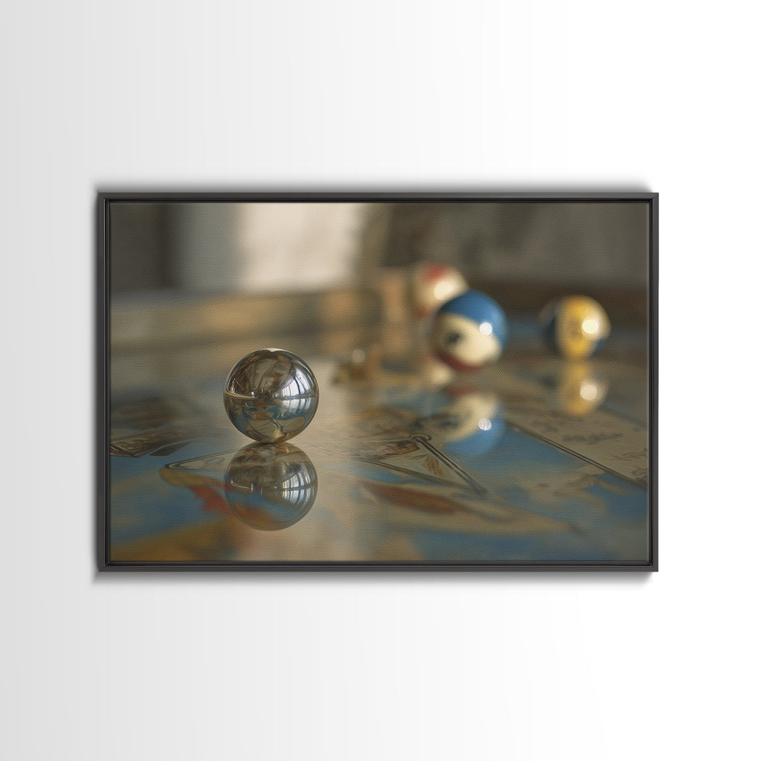 Pinball Silver Ball Framed Canvas Print, Game Room Art, Whimsical Wall Art, Game Room Decor, Watercolor Art, Play, GRA-3x2-97