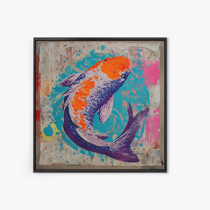 Spray Painted Koi Fish on Brick Texture Framed Canvas Print, Graffiti Art, Canvas Wall Art, Living Room Decor, Watercolor Art, GRF-1x1-16