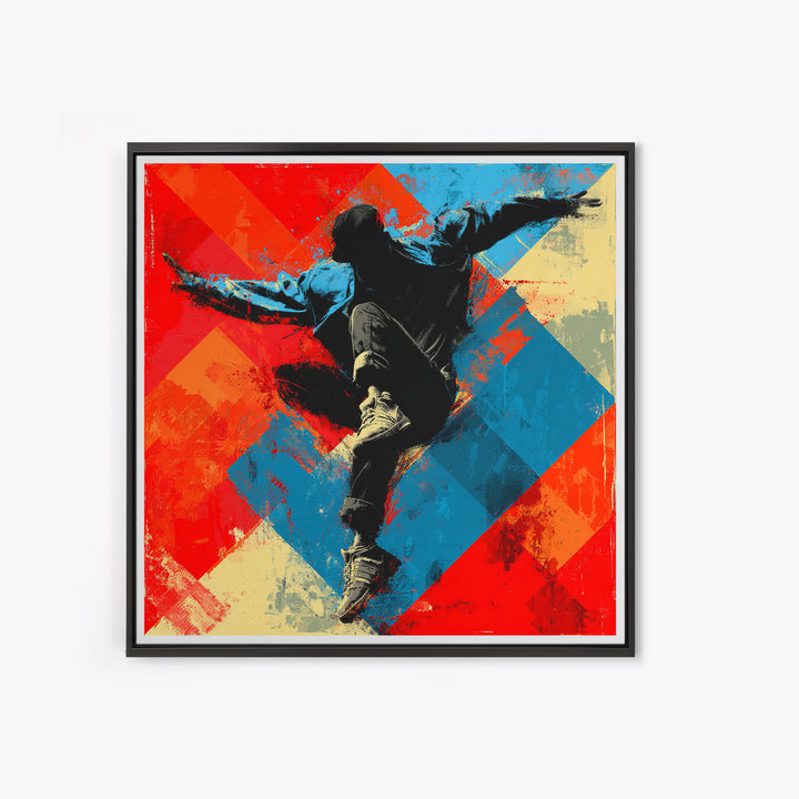 Breakdancer Silhouette over Bright Paint Splashes Framed Canvas Print, Graffiti Art, 3d Wall Art, Living Room Decor, Street, GRF-1x1-2