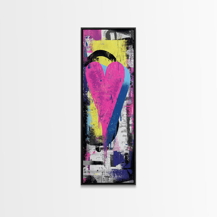 Neon Heart Painted on Cracked Concrete Texture Canvas Print, Graffiti Art, Luxury Decor, Living Room Decor, Street, GRF-1x3-66