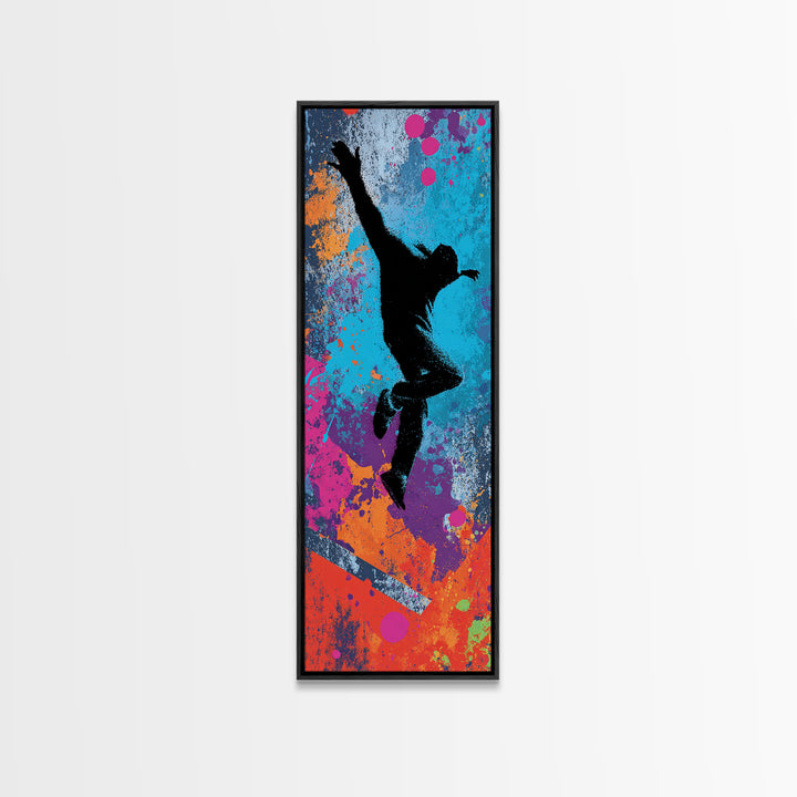 Breakdancer Silhouette over Bright Paint Splashes Canvas Print, Graffiti Art, Contemporary Art, Living Room Decor, Street, GRF-1x3-86