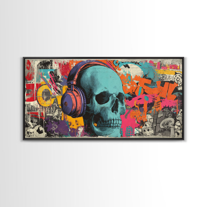 Skull and Headphones Mural Composition Framed Canvas Print, Graffiti Art, Graffiti, Living Room Decor, Fine Art, Street, GRF-2x1-19