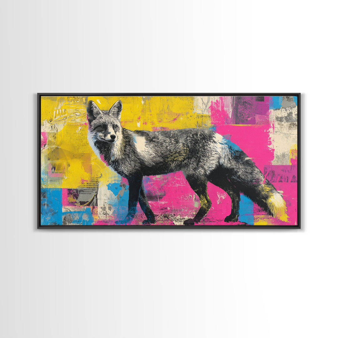 Urban Fox with Layered Sticker Collage Framed Canvas Print, Graffiti Art, Painting, Living Room Decor, Fine Art, Street, GRF-2x1-37