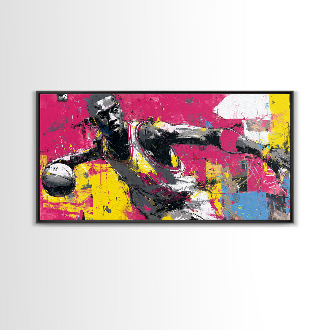 Basketball Player in Street Mural Energy Framed Canvas Print, Graffiti Art, Poster, Living Room Decor, Fine Art, Street, GRF-2x1-40