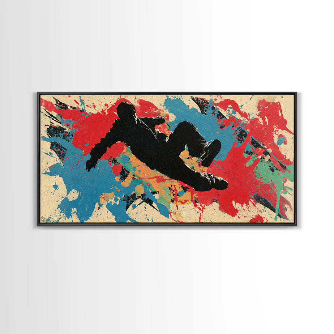 Breakdancer Silhouette over Bright Paint Splashes Framed Canvas Print, Graffiti Art, Poster, Living Room Decor, Street, GRF-2x1-46