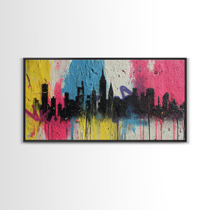 Paint Drips Forming a Skyline Silhouette Framed Canvas Print, Graffiti Art, Wall Decor, Living Room Decor, Abstract Art, Street, GRF-2x1-9