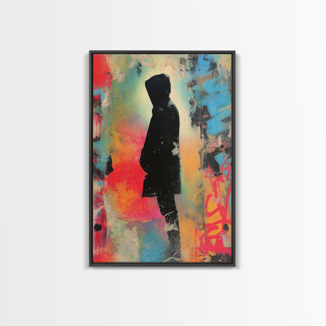 Masked Street Artist Silhouette Framed Canvas Print, Graffiti Art, Minimalist Decor, Living Room Decor, Fine Art, Street, GRF-2x3-30