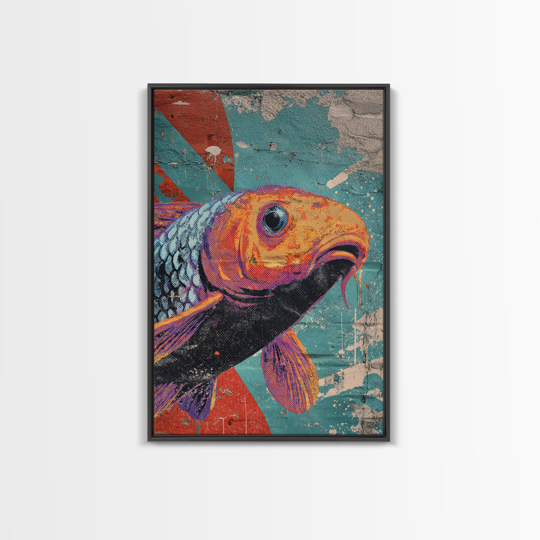 Spray Painted Koi Fish on Brick Texture Framed Canvas Print, Graffiti Art, Living Room Decor, Watercolor Art, Street, GRF-2x3-48