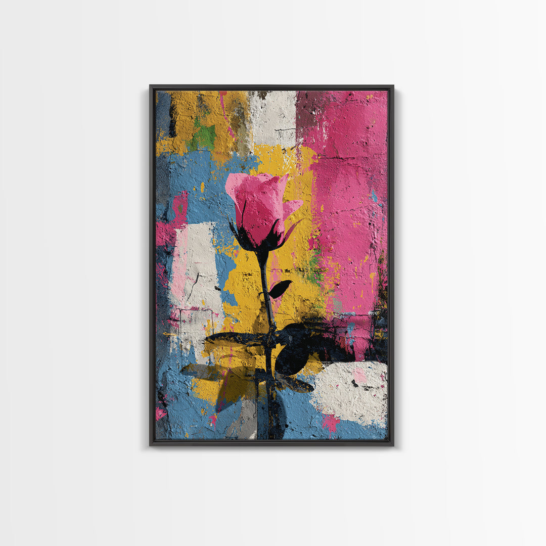 Graffiti Rose Blooming from Concrete Crack Framed Canvas Print, Graffiti Art, Original Art, Living Room Decor, Oil Painting, GRF-2x3-53