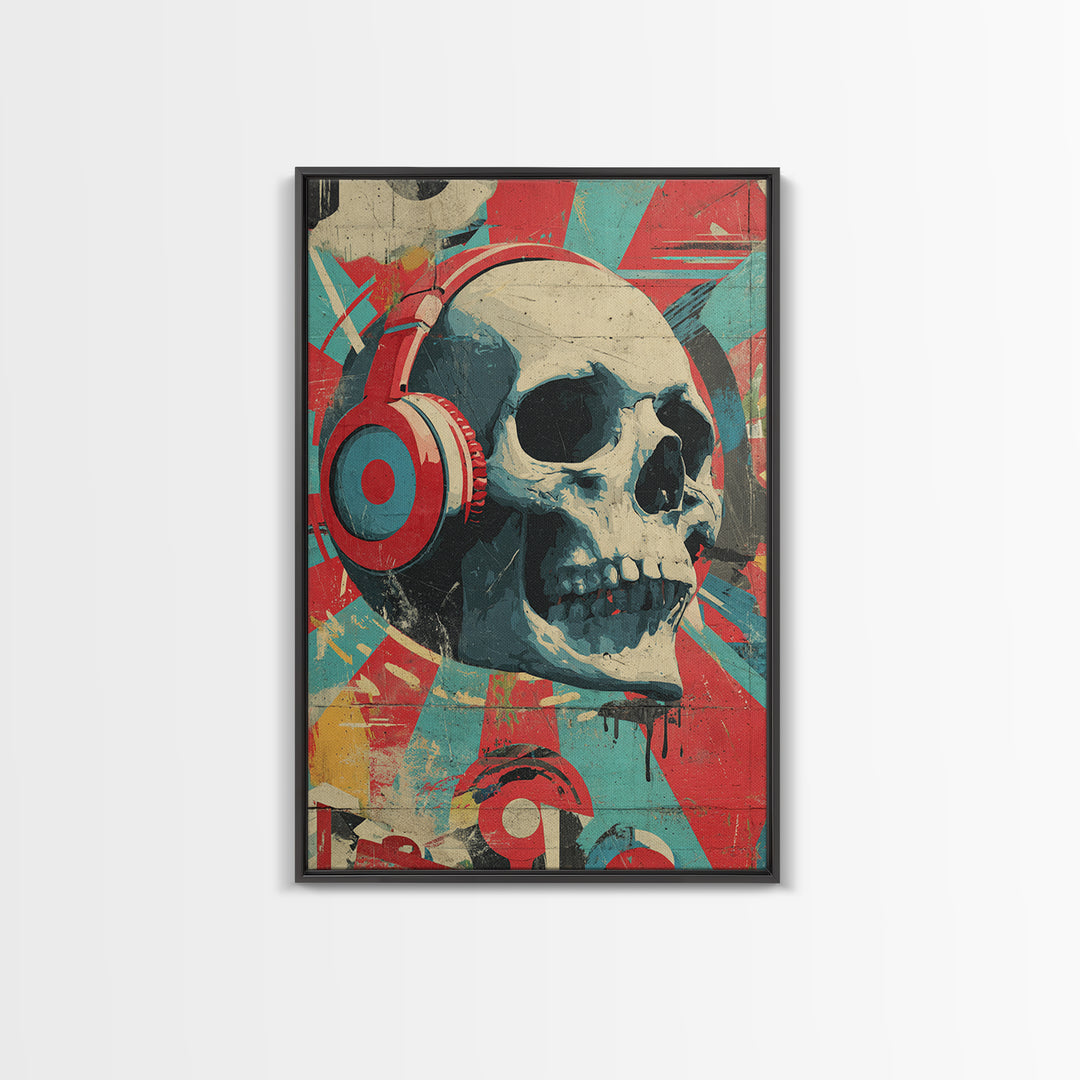 Skull and Headphones Mural Composition Framed Canvas Print, Graffiti Art, Wall Hangings, Living Room Decor, Fine Art, Street, GRF-2x3-55