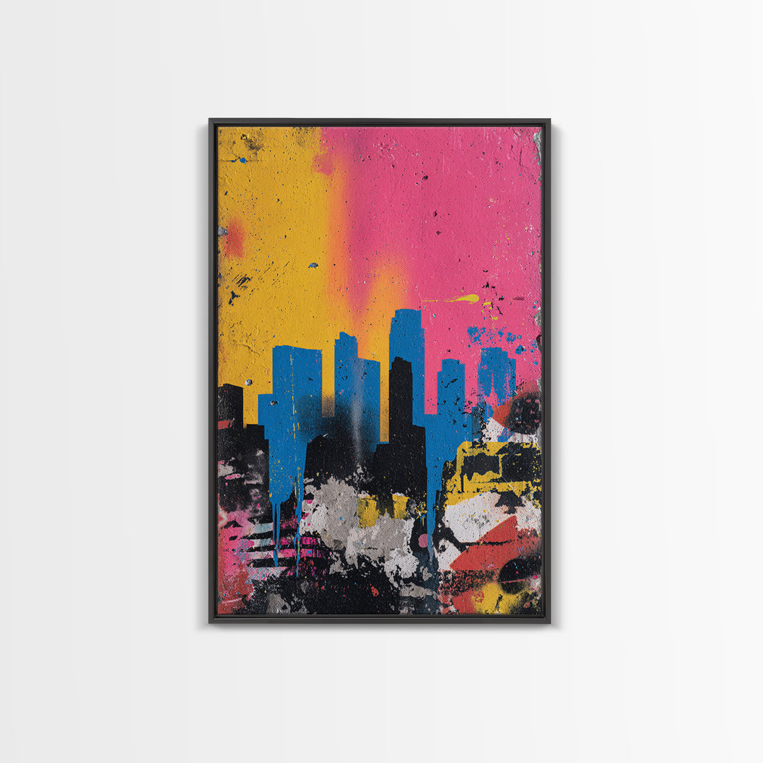 Paint Drips Forming a Skyline Silhouette Framed Canvas Print, Graffiti Art, Bedroom Decor, Living Room Decor, Abstract Art, GRF-2x3-69