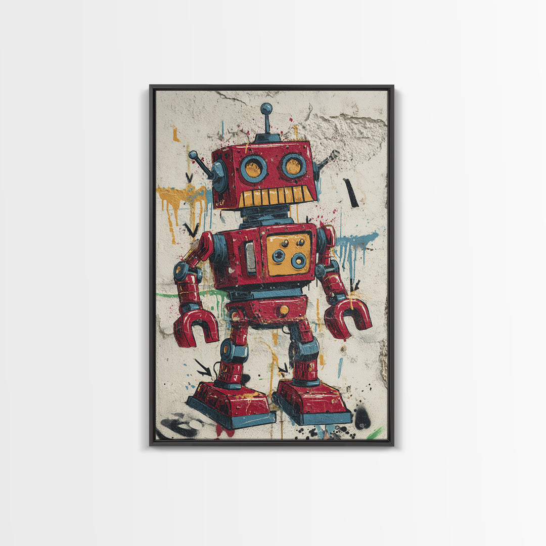 Cartoon Robot Character Framed Canvas Print, Graffiti Art, Large Wall Art, Living Room Decor, Fine Art, Street, Modern Wall Art, GRF-2x3-90