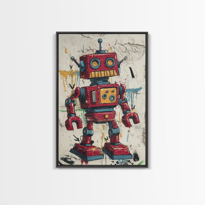 Cartoon Robot Character Framed Canvas Print, Graffiti Art, Large Wall Art, Living Room Decor, Fine Art, Street, Modern Wall Art, GRF-2x3-90