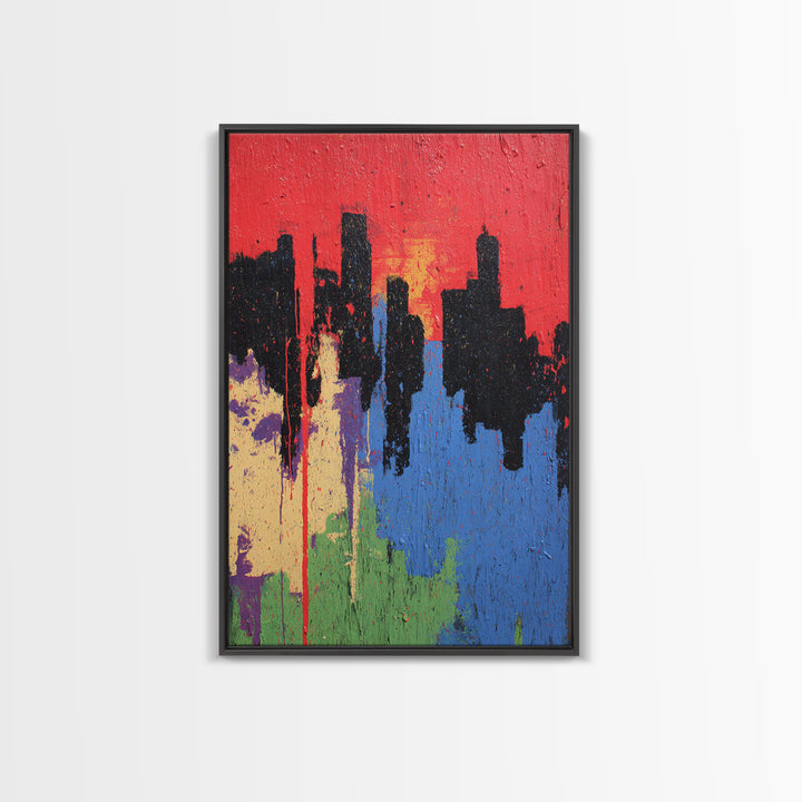 Paint Drips Forming a Skyline Silhouette Framed Canvas Print, Graffiti Art, Bedroom Decor, Living Room Decor, Abstract Art, GRF-2x3-93
