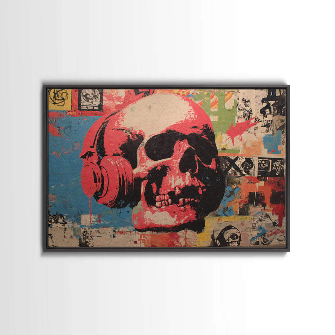 Skull and Headphones Mural Composition Framed Canvas Print, Graffiti Art, Gallery Decor, Living Room Decor, Fine Art, Street, GRF-3x2-27