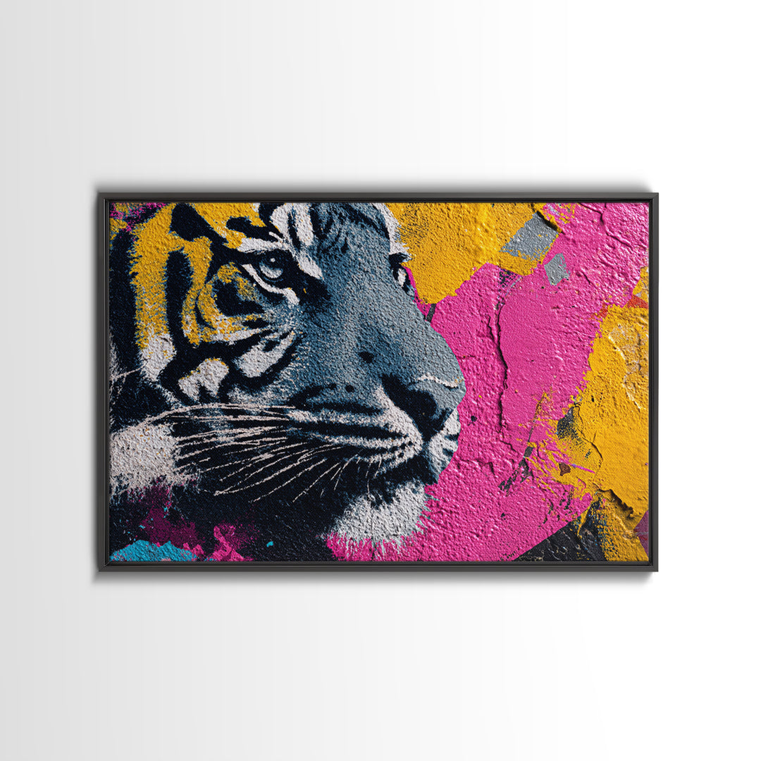 Urban Tiger Portrait Framed Canvas Print, Graffiti Art, Original Painting, Living Room Decor, Fine Art, Street, Unique Wall Art, GRF-3x2-7
