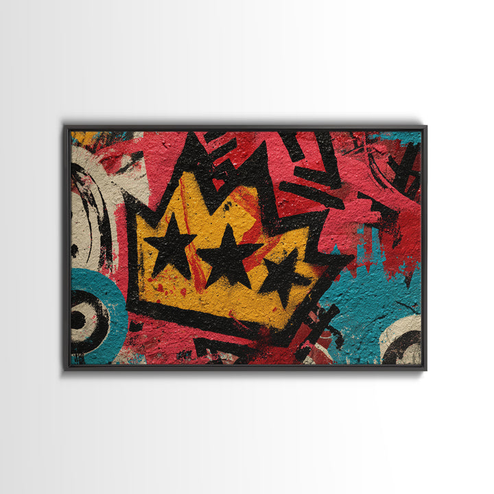Abstract Crown and Stars Framed Canvas Print, Graffiti Art, Above Bed Decor, Living Room Decor, Abstract Art, Street, GRF-3x2-71