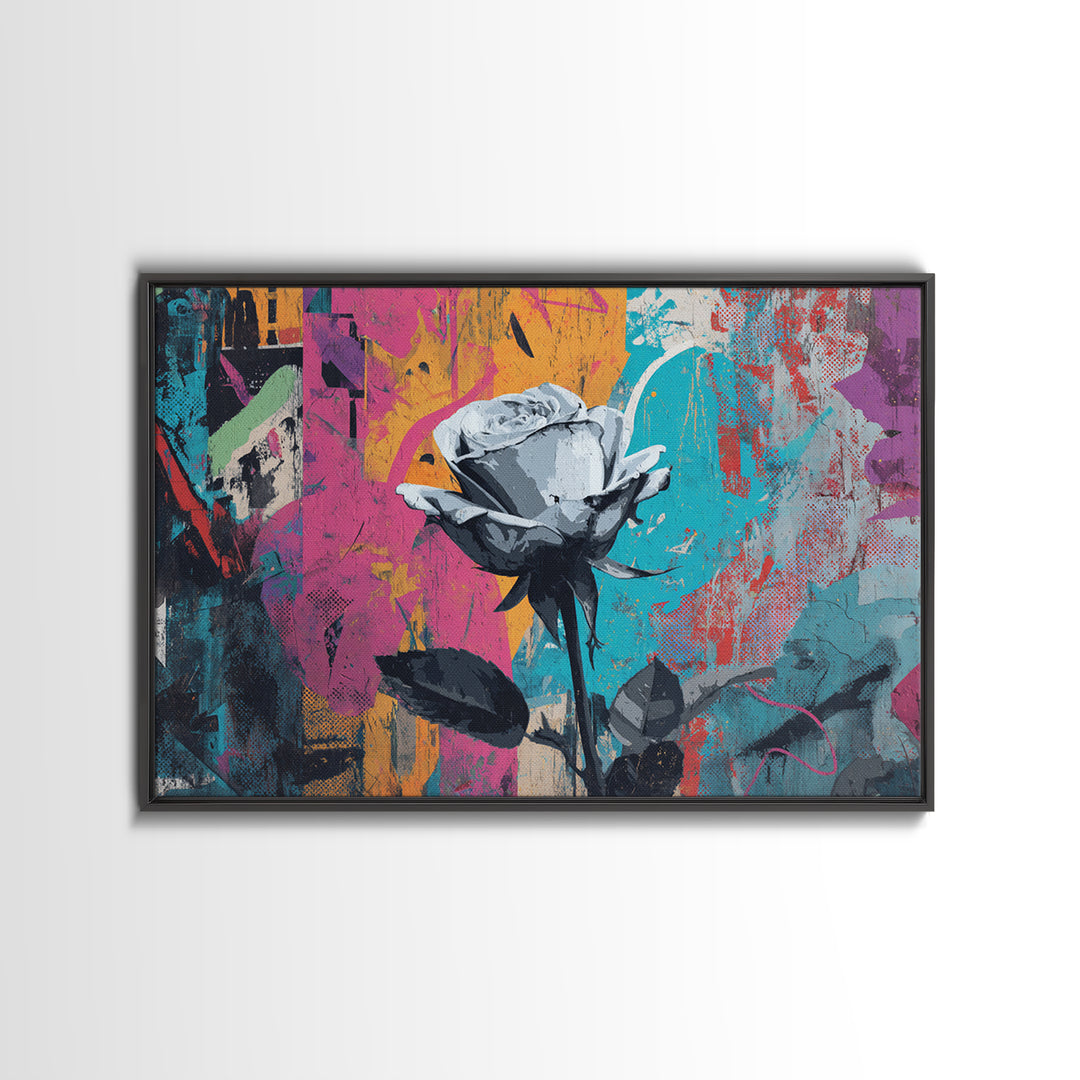 Graffiti Rose Blooming from Concrete Crack Canvas Print, Graffiti Art, Neutral Decor, Living Room Decor, Fine Art, Street, GRF-3x2-73