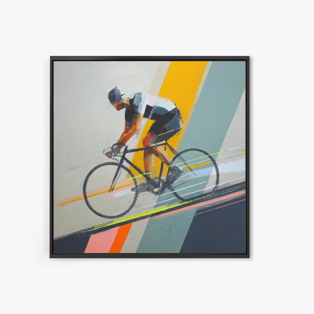 Cyclist Racing Through Neon Speed Lines Framed Canvas Print, Gym Art, Gallery Decor, Gym Decor, Fine Art, Strength, Wall Art, GYM-1x1-38