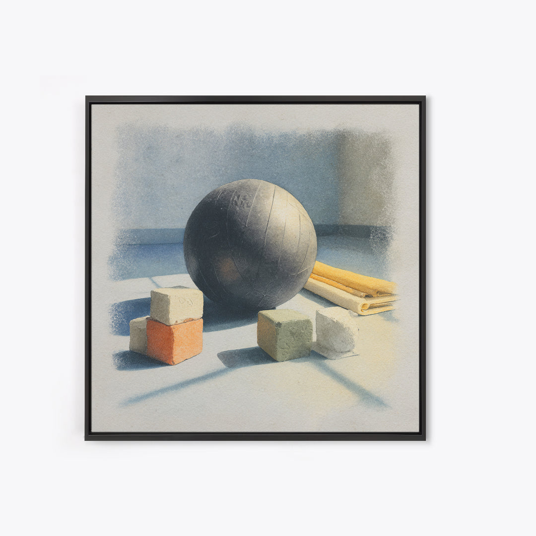 Medicine Ball and Chalk Still Life Framed Canvas Print, Gym Art, Wall Decoration, Gym Decor, Fine Art, Strength, Speakeasy Art, GYM-1x1-47