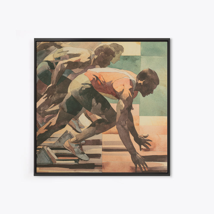 Sprinter Exploding from Starting Blocks Framed Canvas Print, Gym Art, Speakeasy Art, Gym Decor, Oil Painting, Strength, GYM-1x1-51