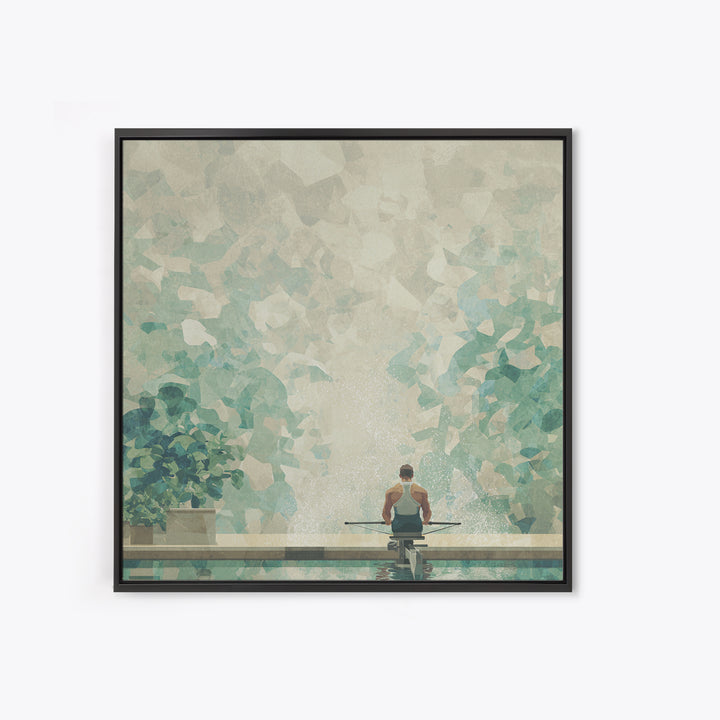 Rowing Athlete with Water Spray and Rhythm Framed Canvas Print, Gym Art, Boho Decor, Gym Decor, Oil Painting, Strength, GYM-1x1-61