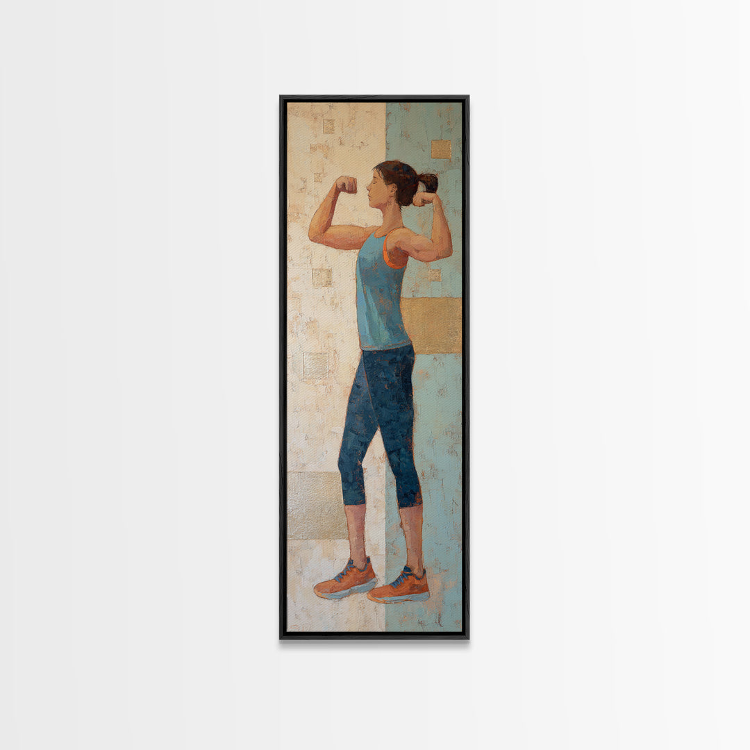 Female Weightlifter with Triumphant Stance Framed Canvas Print, Gym Art, Man Cave Decor, Gym Decor, Fine Art, Strength, GYM-1x3-19