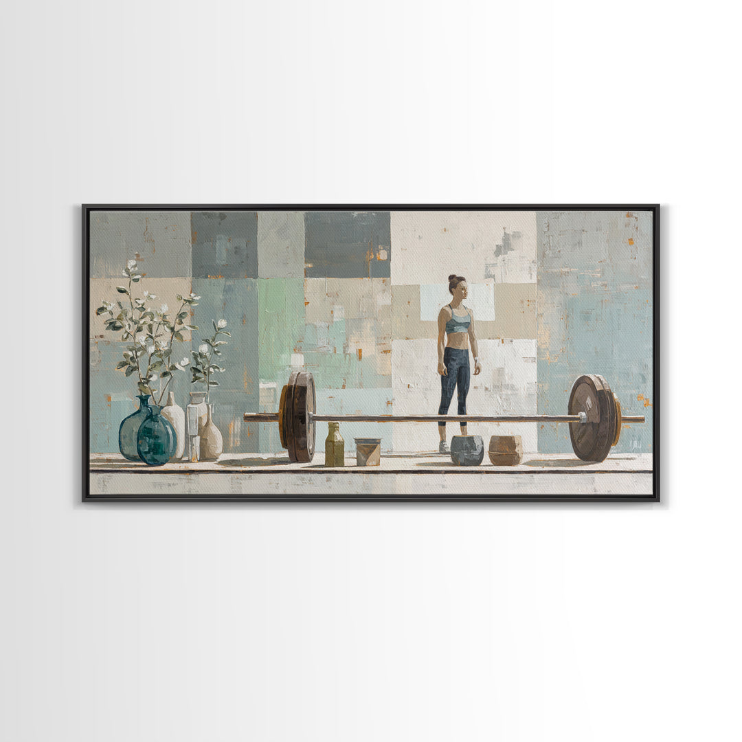 Female Weightlifter with Triumphant Stance Framed Canvas Print, Gym Art, Boho Decor, Gym Decor, Oil Painting, Strength, GYM-2x1-27