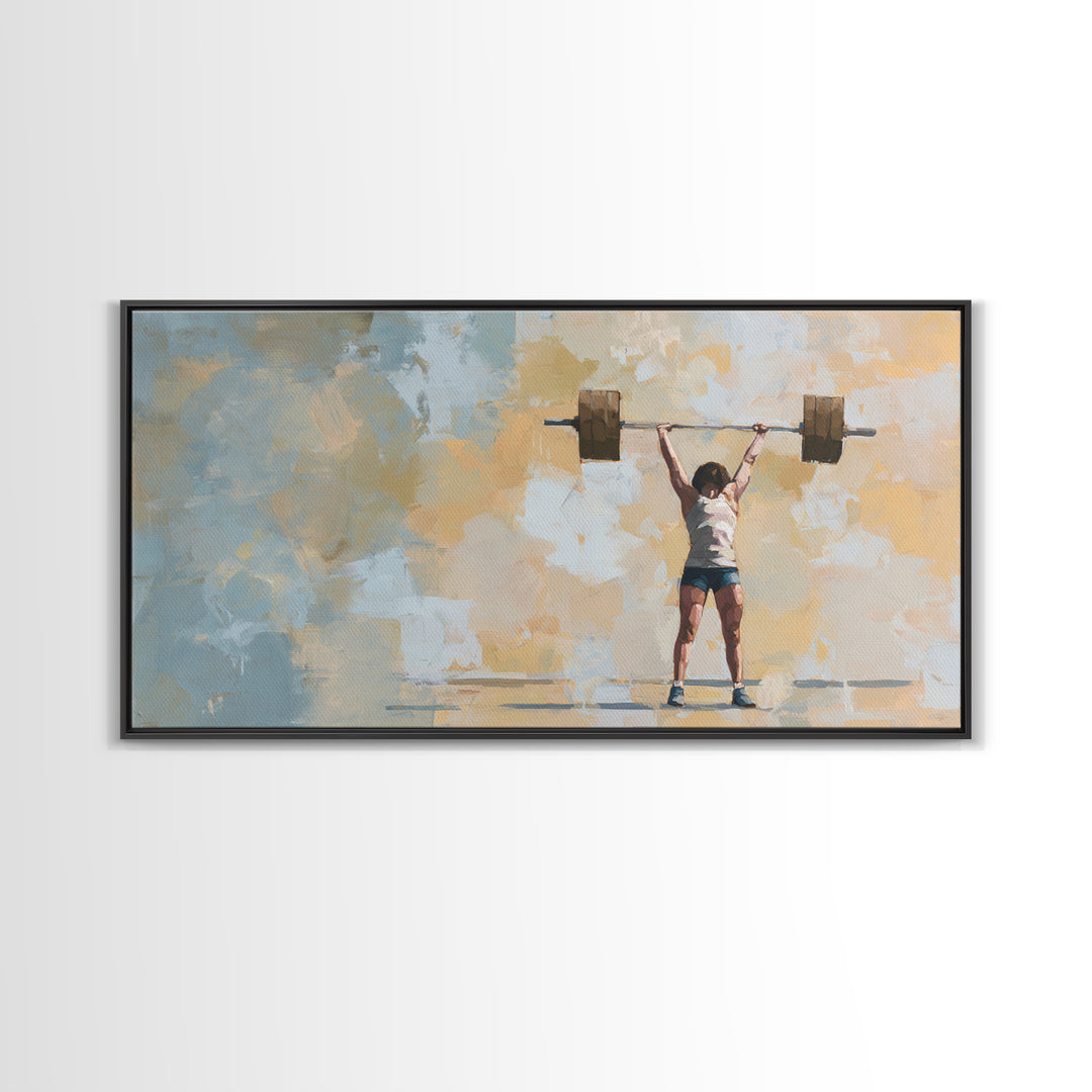 Female Weightlifter with Triumphant Stance Framed Canvas Print, Gym Art, Man Cave Decor, Gym Decor, Fine Art, Strength, GYM-2x1-3