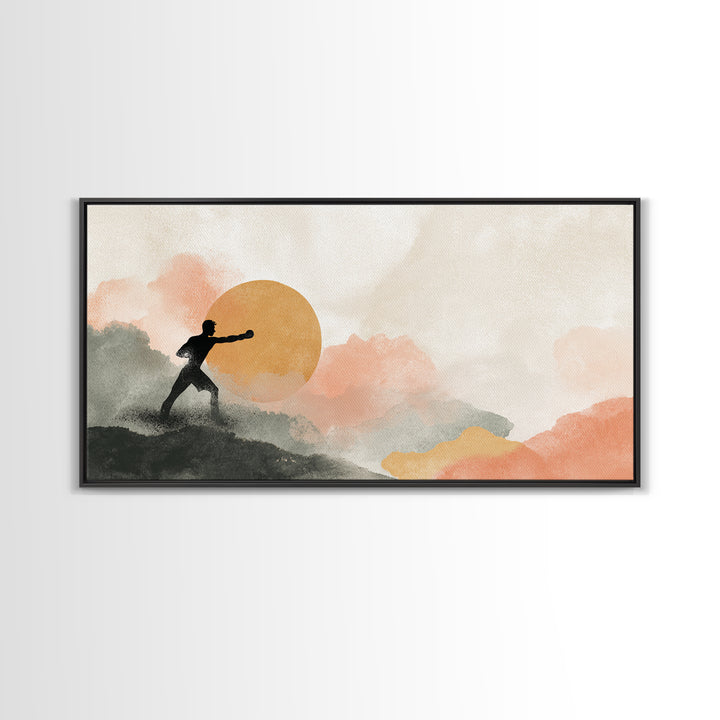 Powerful Boxer Silhouette Framed Canvas Print, Gym Art, Man Cave Decor, Gym Decor, Fine Art, Strength, Home Gym Decor, GYM-2x1-45