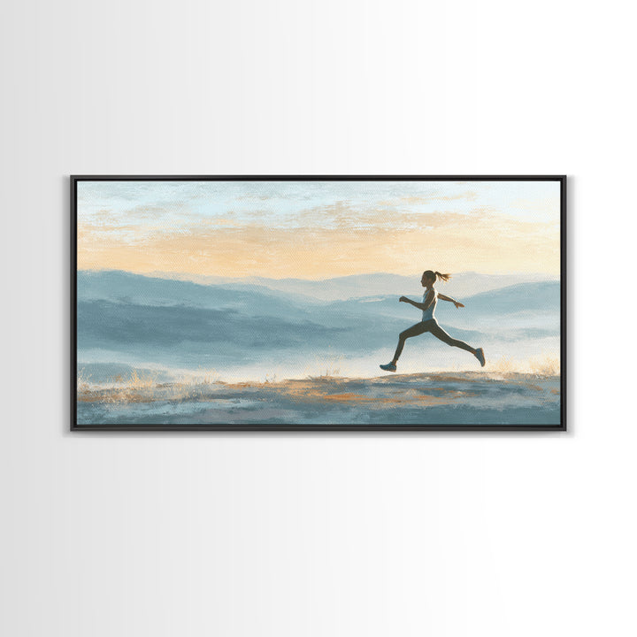 Runner on Mountain Ridge at Sunrise Framed Canvas Print, Gym Art, Canvas Wall Art, Gym Decor, Watercolor Art, Strength, GYM-2x1-56