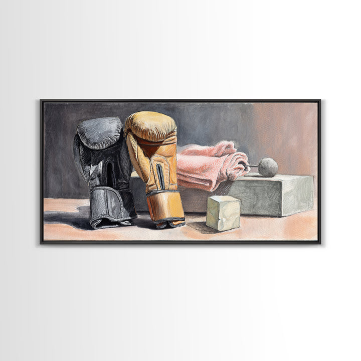 Boxing Glove and Towel Still Life Framed Canvas Print, Gym Art, Living Room Decor, Gym Decor, Oil Painting, Strength, GYM-2x1-60