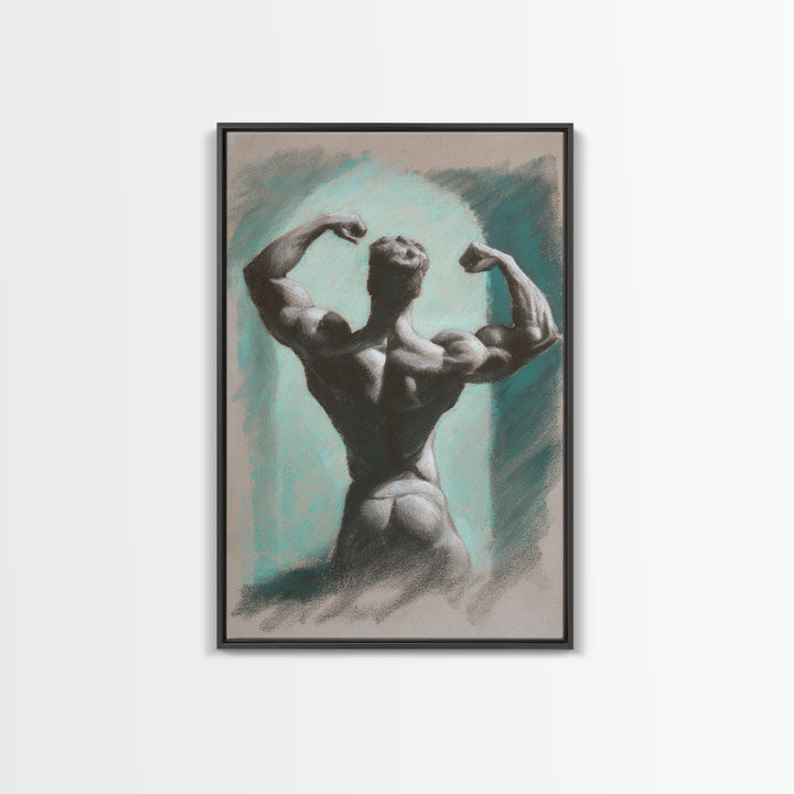 Bodybuilder Pose Rendered Framed Canvas Print, Gym Art, Living Room Decor, Gym Decor, Oil Painting, Strength, Sports Poster, GYM-2x3-12