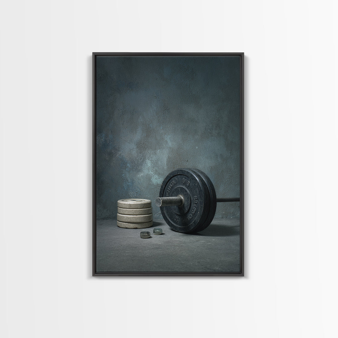 Barbell and Plates Framed Canvas Print, Gym Art, Printable Wall Art, Gym Decor, Fine Art, Strength, Sports Decor, Cool Posters, GYM-2x3-34
