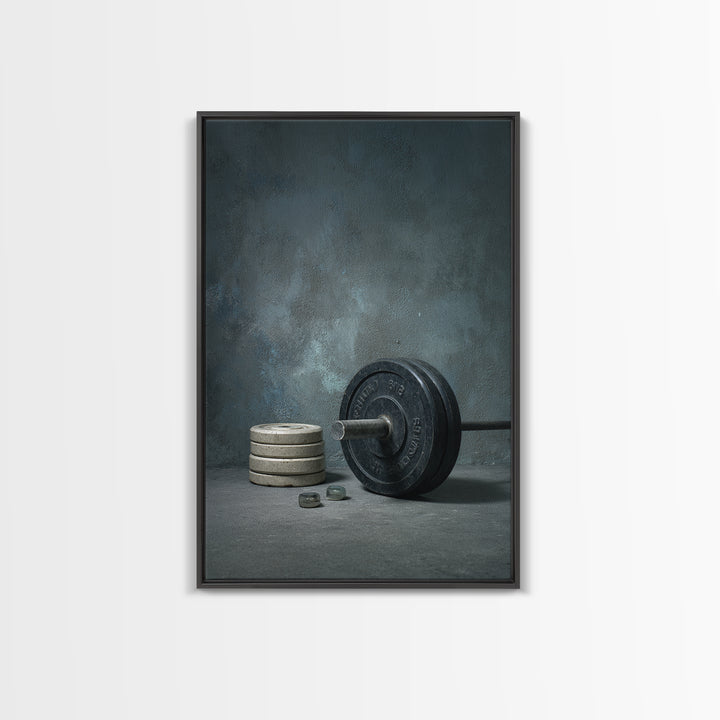 Barbell and Plates Framed Canvas Print, Gym Art, Printable Wall Art, Gym Decor, Fine Art, Strength, Sports Decor, Cool Posters, GYM-2x3-34