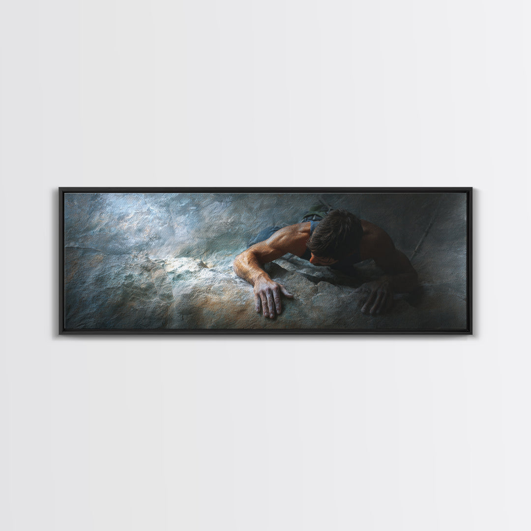 Rock Climber Reaching a Glowing Hold Framed Canvas Print, Gym Art, Bar Art, Gym Decor, Strength, Gym Sign, Motivational Art, GYM-3x1-2