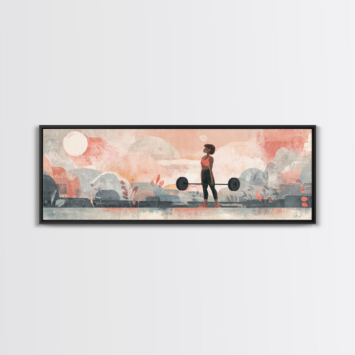 Female Weightlifter with Triumphant Stance Framed Canvas Print, Gym Art, Art Print, Gym Decor, Strength, Abstract Wall Art, GYM-3x1-23