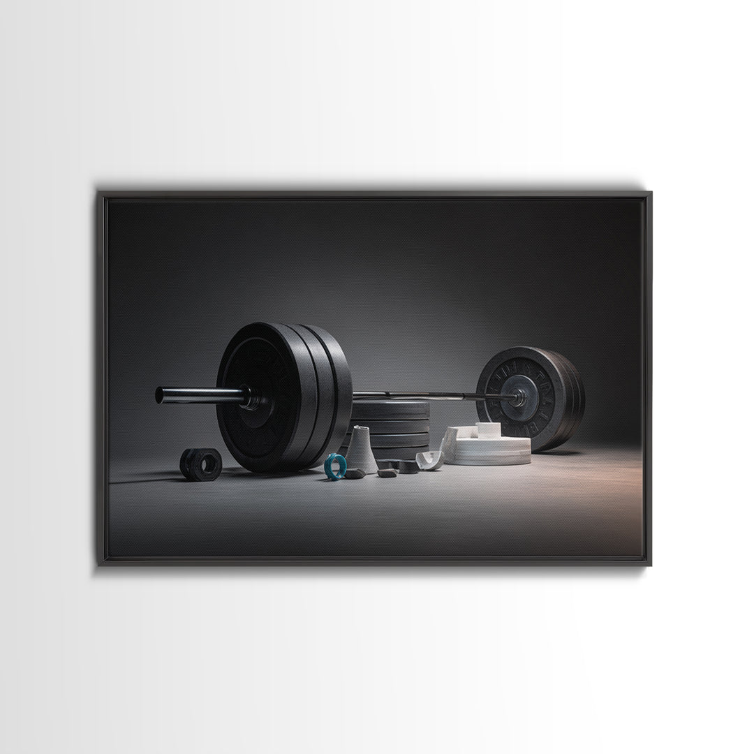 Barbell and Plates Framed Canvas Print, Gym Art, Wall Decoration, Gym Decor, Fine Art, Strength, Speakeasy Art, Home Gym Sign, GYM-3x2-6