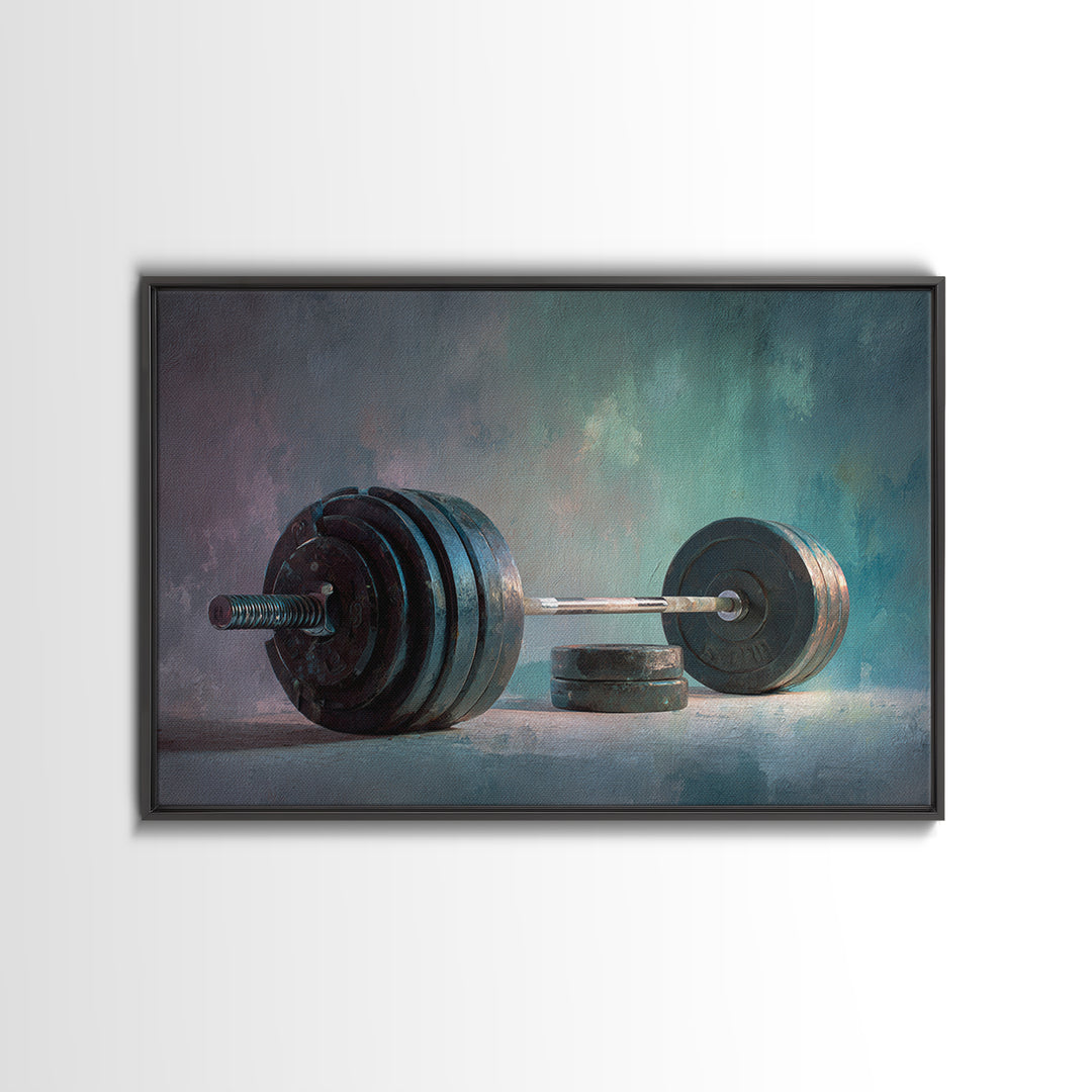Barbell and Plates Framed Canvas Print, Gym Art, Framed Canvas, Gym Decor, Fine Art, Strength, Textured Painting, GYM-3x2-78