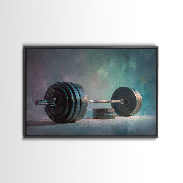Barbell and Plates Framed Canvas Print, Gym Art, Framed Canvas, Gym Decor, Fine Art, Strength, Textured Painting, GYM-3x2-78