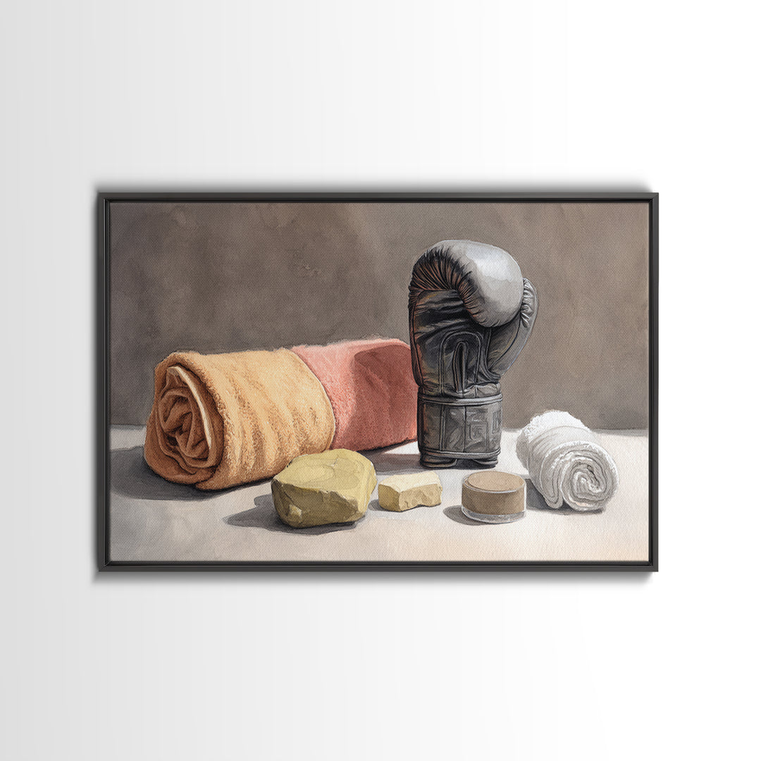 Boxing Glove and Towel Still Life Framed Canvas Print, Gym Art, Print, Gym Decor, Fine Art, Strength, Wall Decoration, GYM-3x2-92