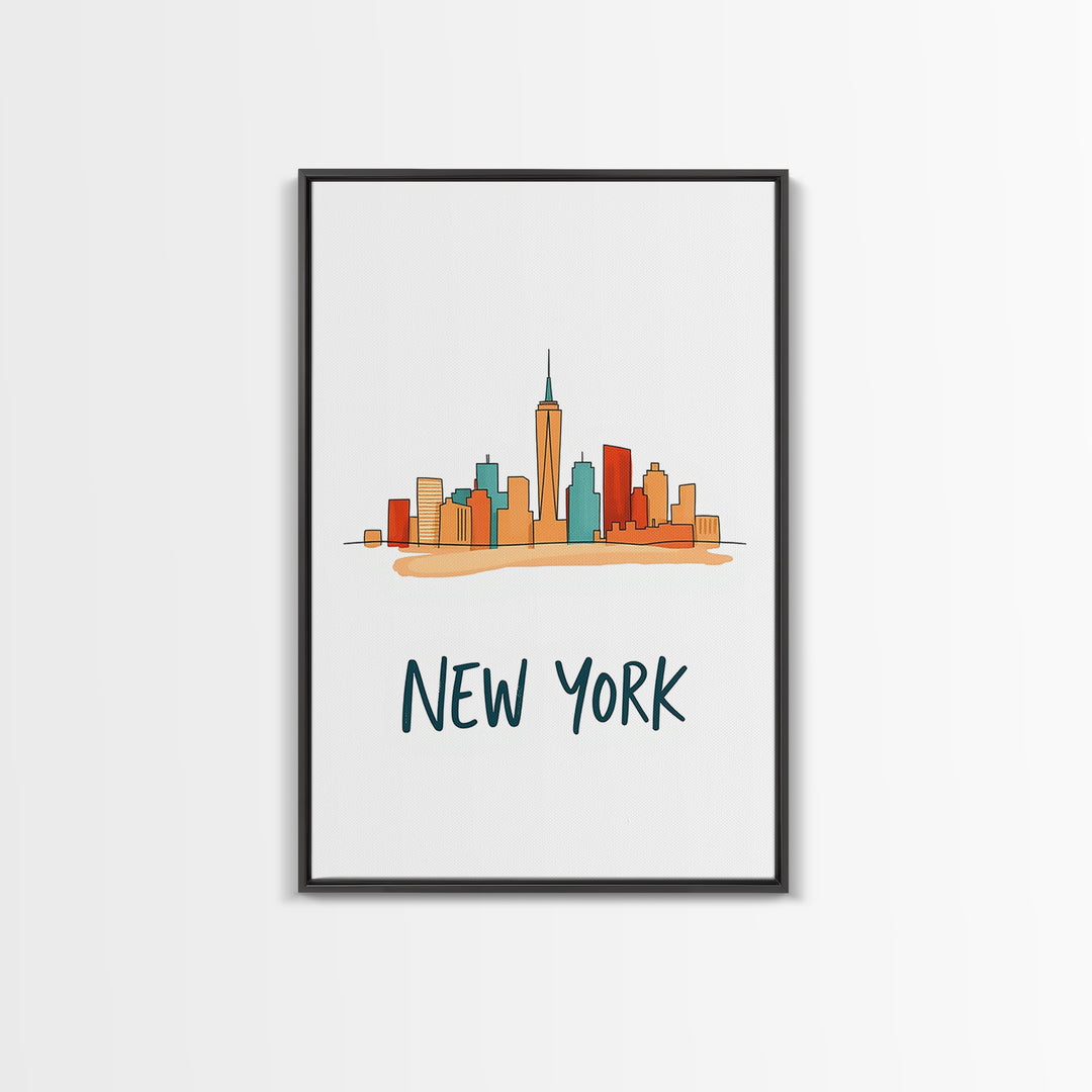 New York Travel Poster, Framed Canvas Print, Soft Sketch Travel Art, New York Art Print, Vintage Travel Print, City Travel Prints