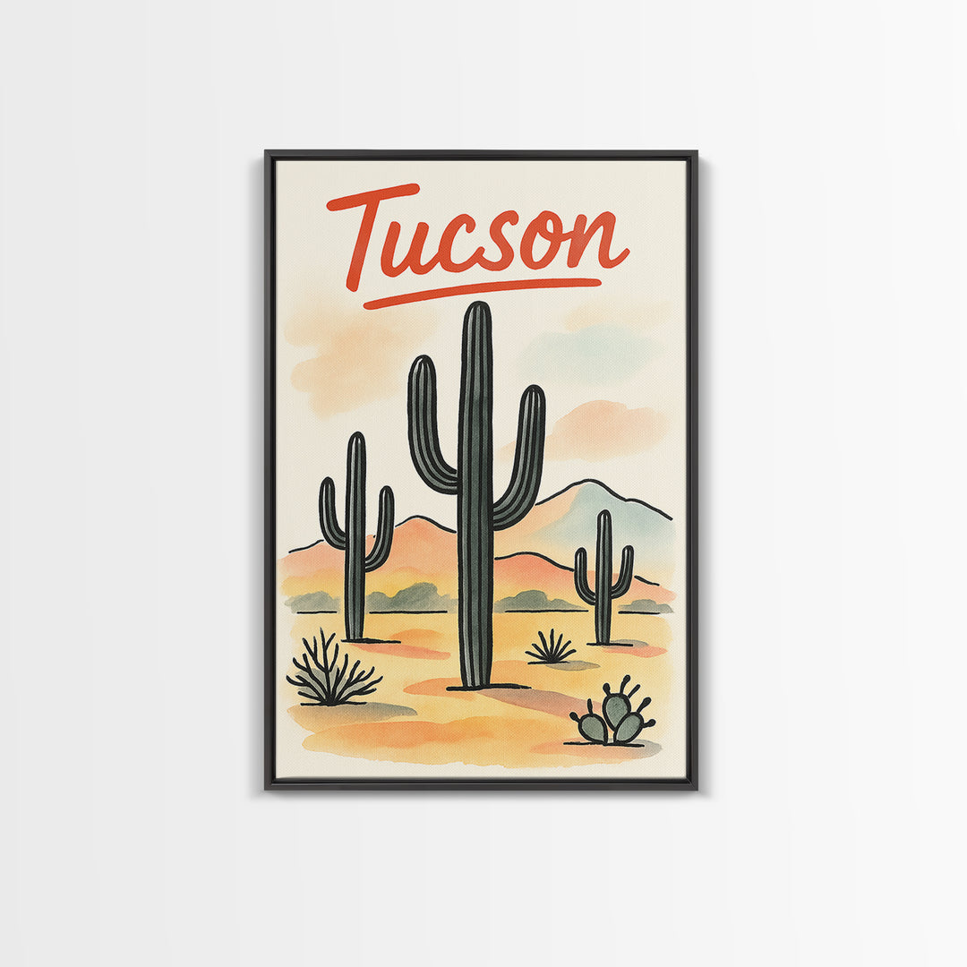 Tucson Travel Poster, Framed Canvas Print, Watercolor Urban Skyline Art, Tucson Travel Art, Gift For Travelers, City Travel Prints